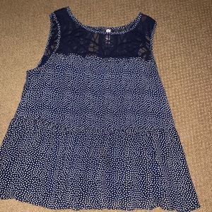 Navy and White Polka Dotted Blouse Size Medium